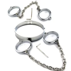 Metal Steel Wrist Handcuffs Ankle Cuffs with Chain Neck Collar Bdsm Bondage Restraints Shackle Adult Slave Sex Toys Women Men