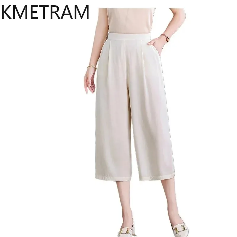 KMETRAM 92% Real Mulberry Silk Trousers Women 2026 Summer High-waisted Calf-length Straight-leg Pants Female Clothing Ropa Mujer