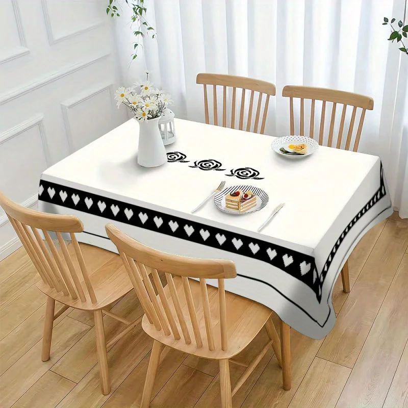 One polyester fabric tablecloth, with a simple style and symmetrical lace edges, featuring a floral print in a rectangular shape