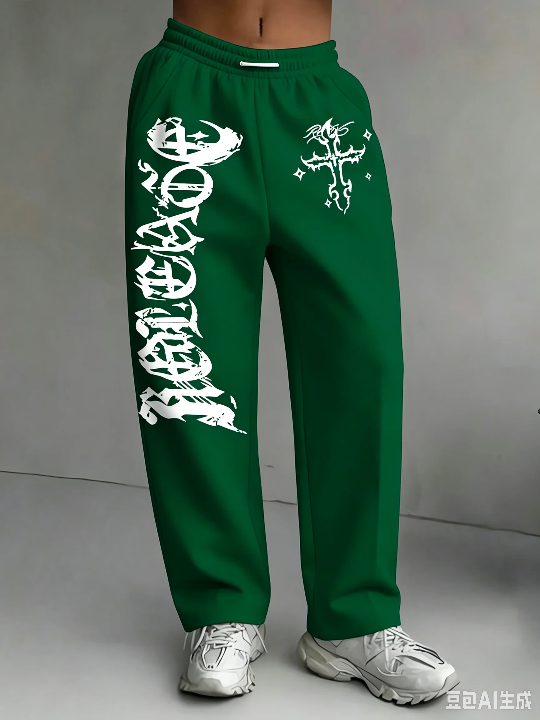 Street Fashion Casual Trousers For Women Grey Tone Gothic Cross And Vertical Letter Print Elastic Waist Daily Pants Kids