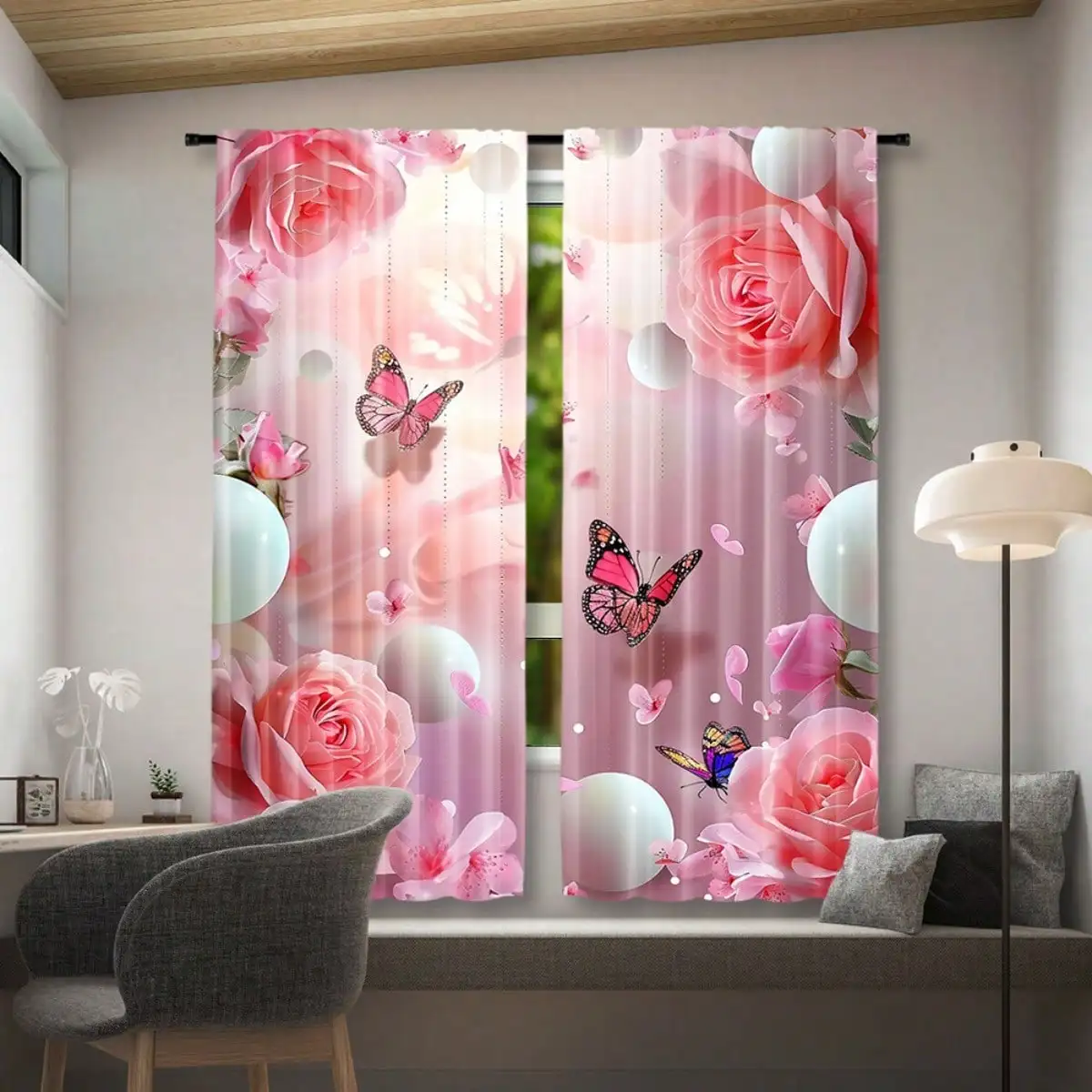 2pcs, White Ball With Butterfly Design Curtains, Rod Pocket Mount, Digital Printed Curtains, Polyester Material