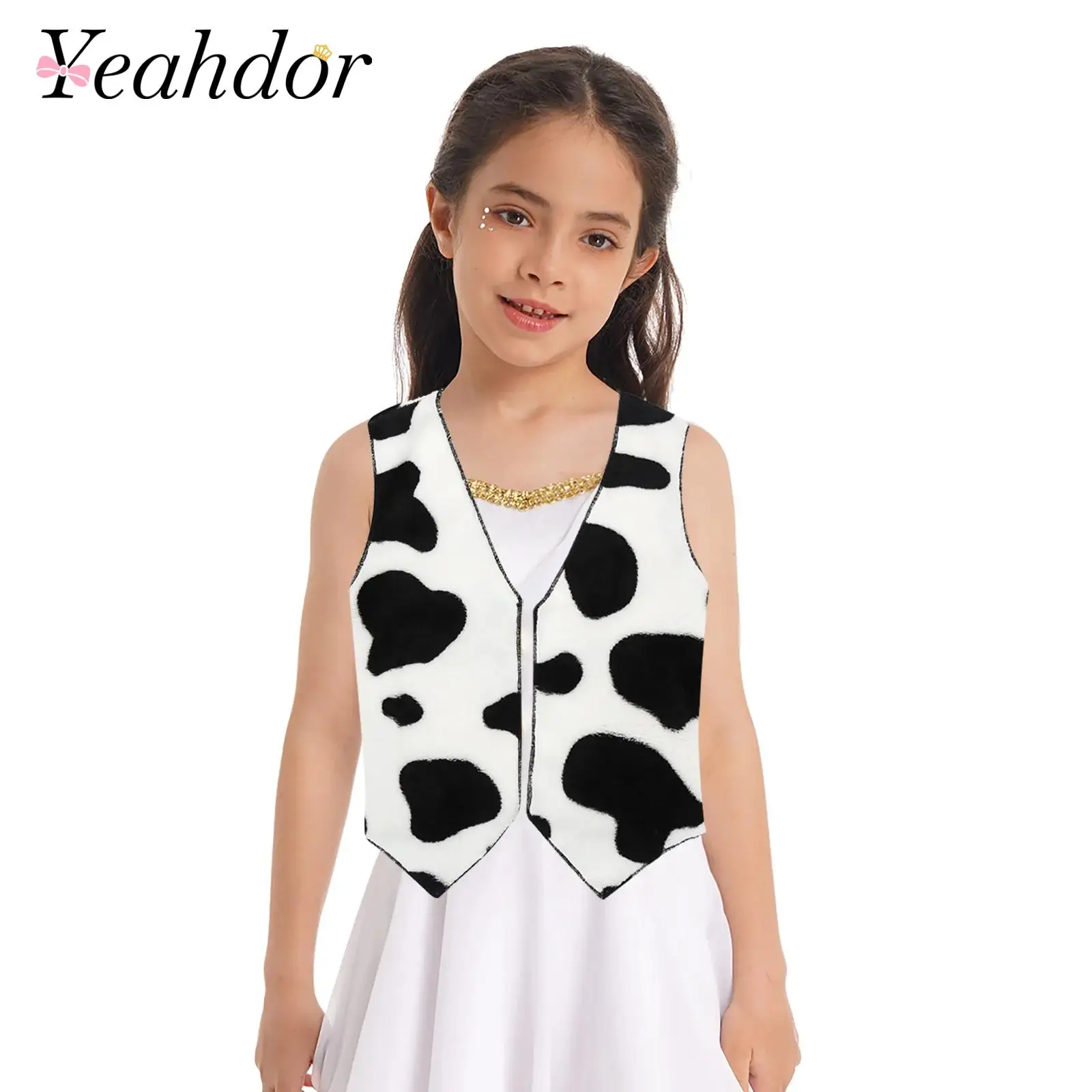 

Kids Boy Girl Western Cowboy Cowgirl Cosplay Waistcoat Cow Print Flannel Vest Theme Party Carnival Dress Up Halloween Costume