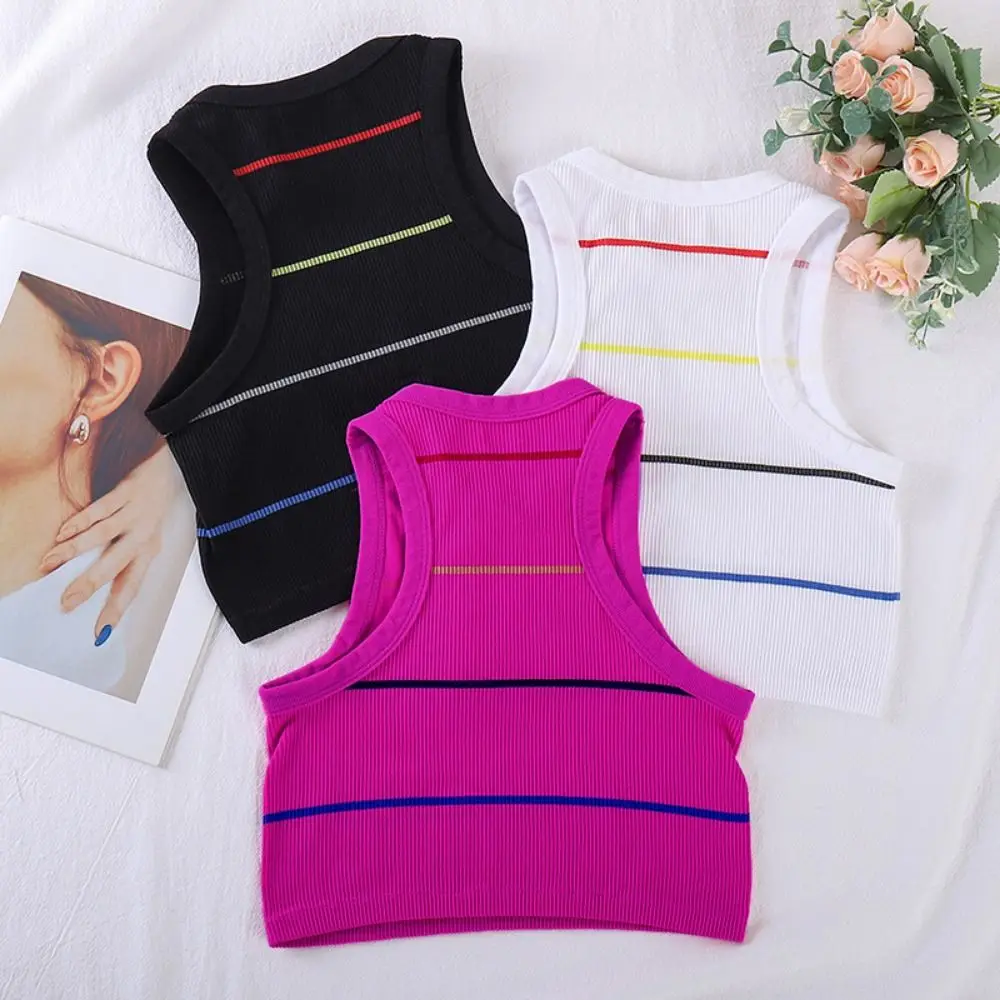 

Повседневный женский жилет для йоги в стиле ретро, красочный полосатый бесшовный вязаный жилет в американском стиле без подушечки, эластичная спортивная одежда для спортзала