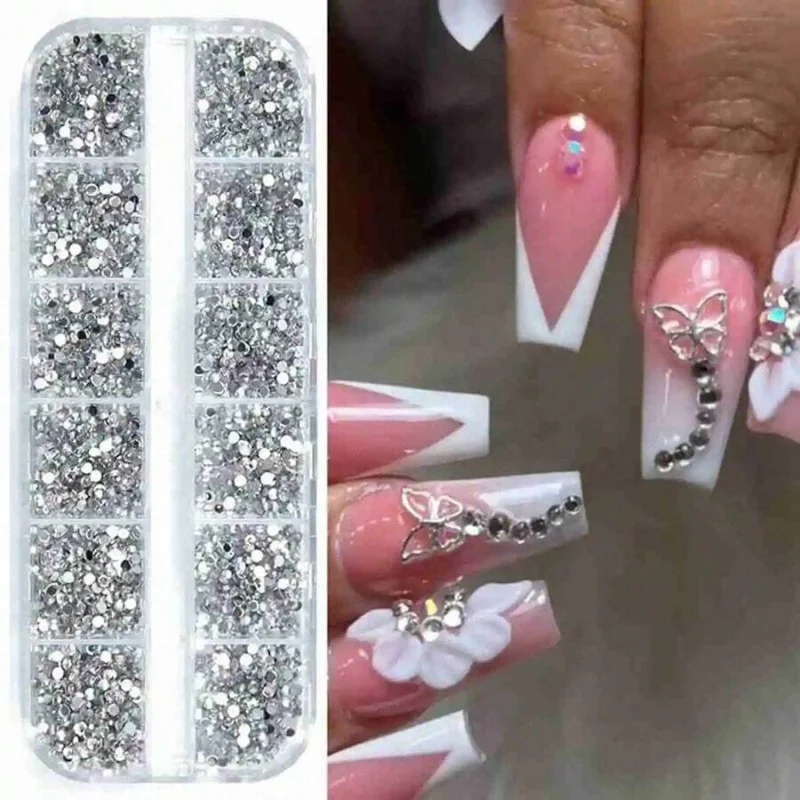 12-Pack Box of Nail Accessories: Flat-Bottom Rhinestones, Decorative Nail Embellishments, Assorted Small Components, colorful Nail stickers with Rhinestones.
