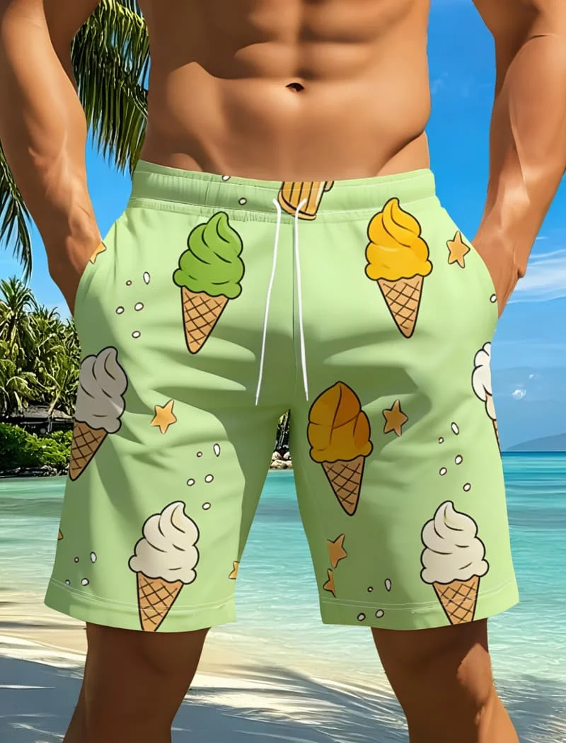 

Men's Casual Cute Cartoon Print Beach Shorts - Summer Fun Food Surf Print Casual Shorts For Everyday Summer Wear
