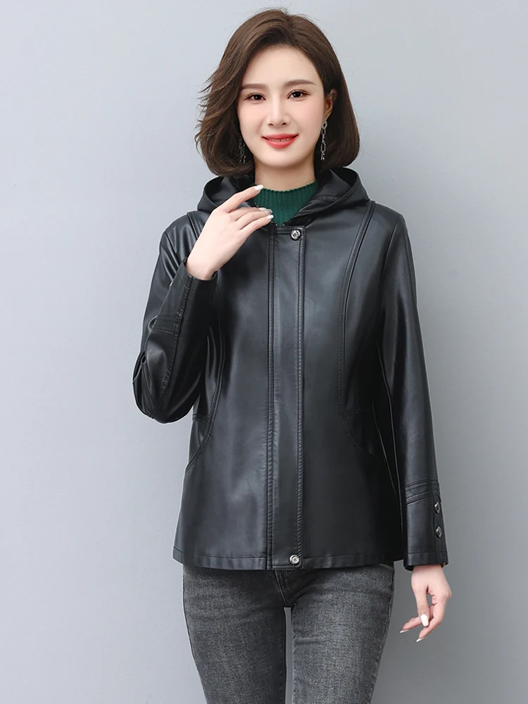 New Women Hooded Leather Coat Spring Autumn Casual Fashion Loose Sheepskin Outerwear Mother Jacket Female