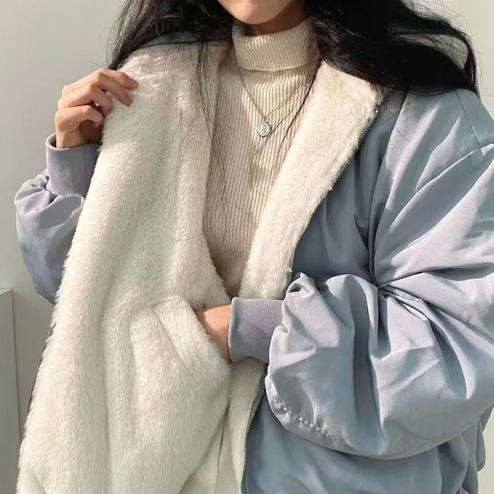 Womens Winter Cotton Coat Reversible Lambswool Jacket Hooded Zipper Warm Thickened Casual Elegant Outwear For AIYISHANGFUSHI