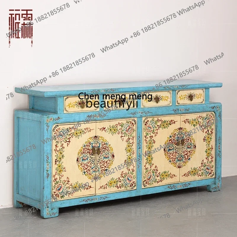 ss8350 Chinese solid wood furniture custom hand-painted dining side entrance cabinet antique and old warped head cabinet