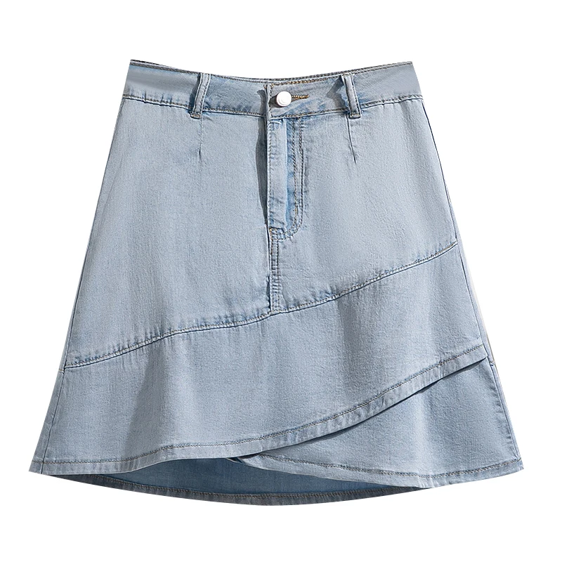 Spódnica Plus Size Kobiety 2024 Jesień Nowość Błękitny kolor Spódnica dżinsowa z podszewką Koreański styl Mini dżinsy Spódnice