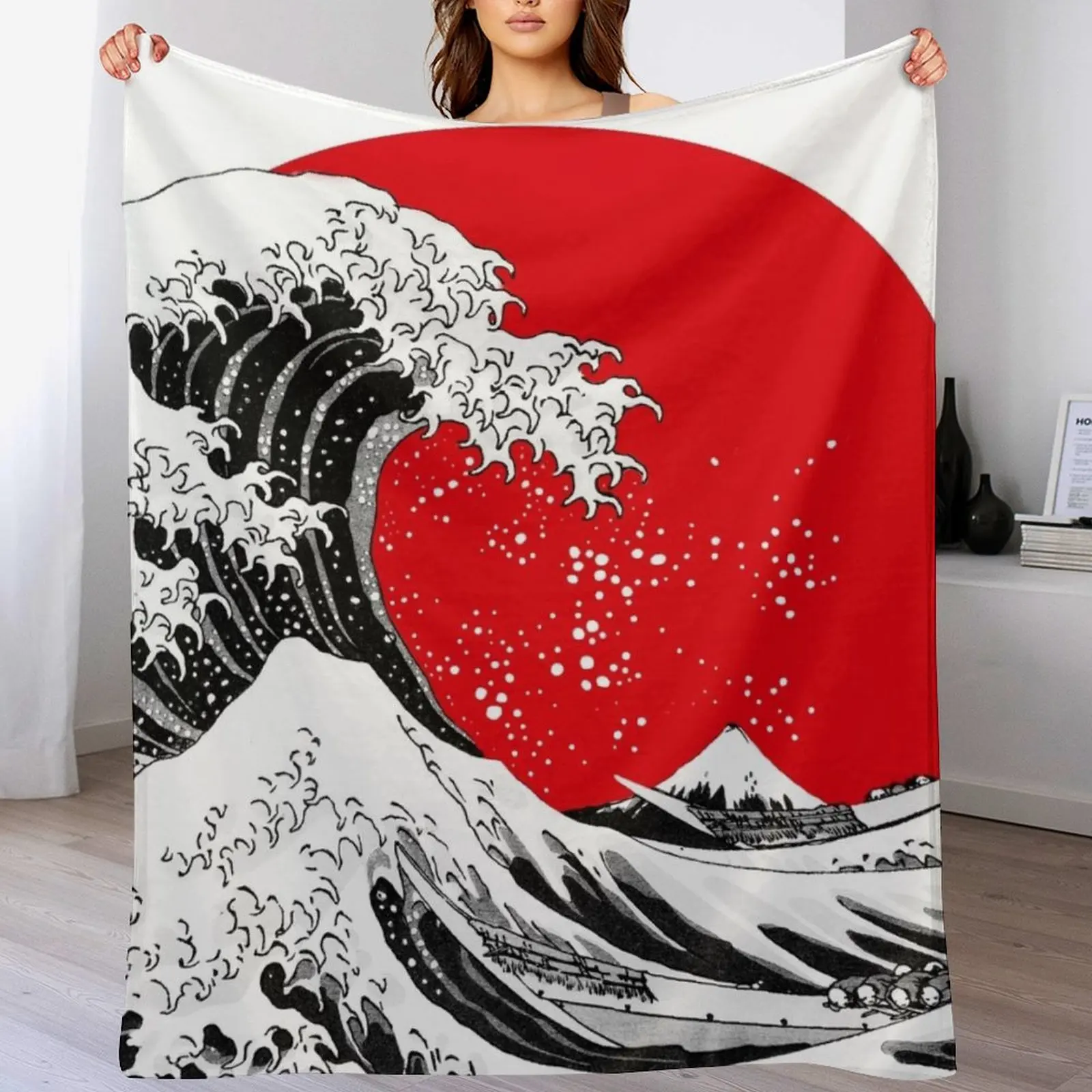 The Great Wave Off Kanagawa, Big Red Sun Throw Blanket Luxury Designer Decoratives blankets and throws Sleeping Bag Blankets