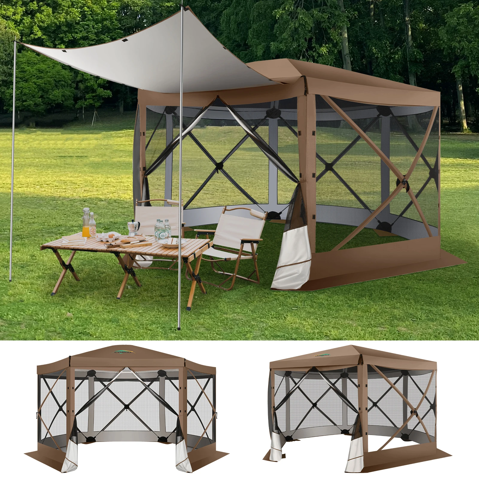 Pop Up Gazebo 12'x12' 6-Sided Screen House Tent for Camping, Outdoor Instant Stargazing Gazebo Canopy with Awning 2.0 ,Hub Tent