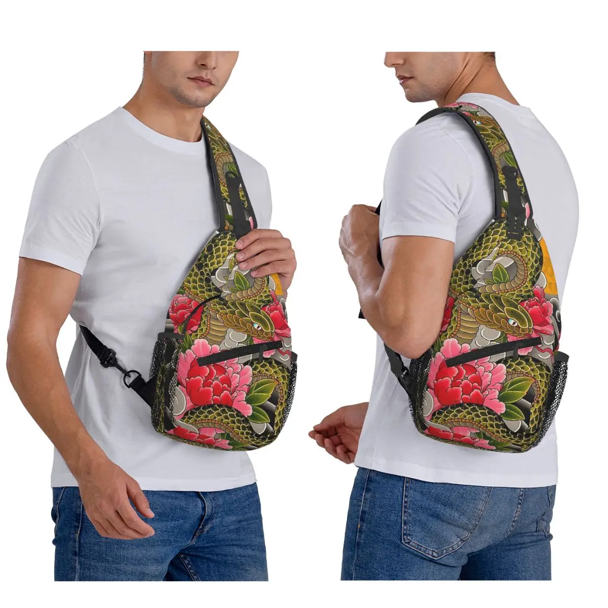 Japanese Art Tattoo Snake Peonies Flower Ink Chest Bag Men Sling Crossbody Backpack Chest Bag Travel Hiking Daypack Shoulder Bag