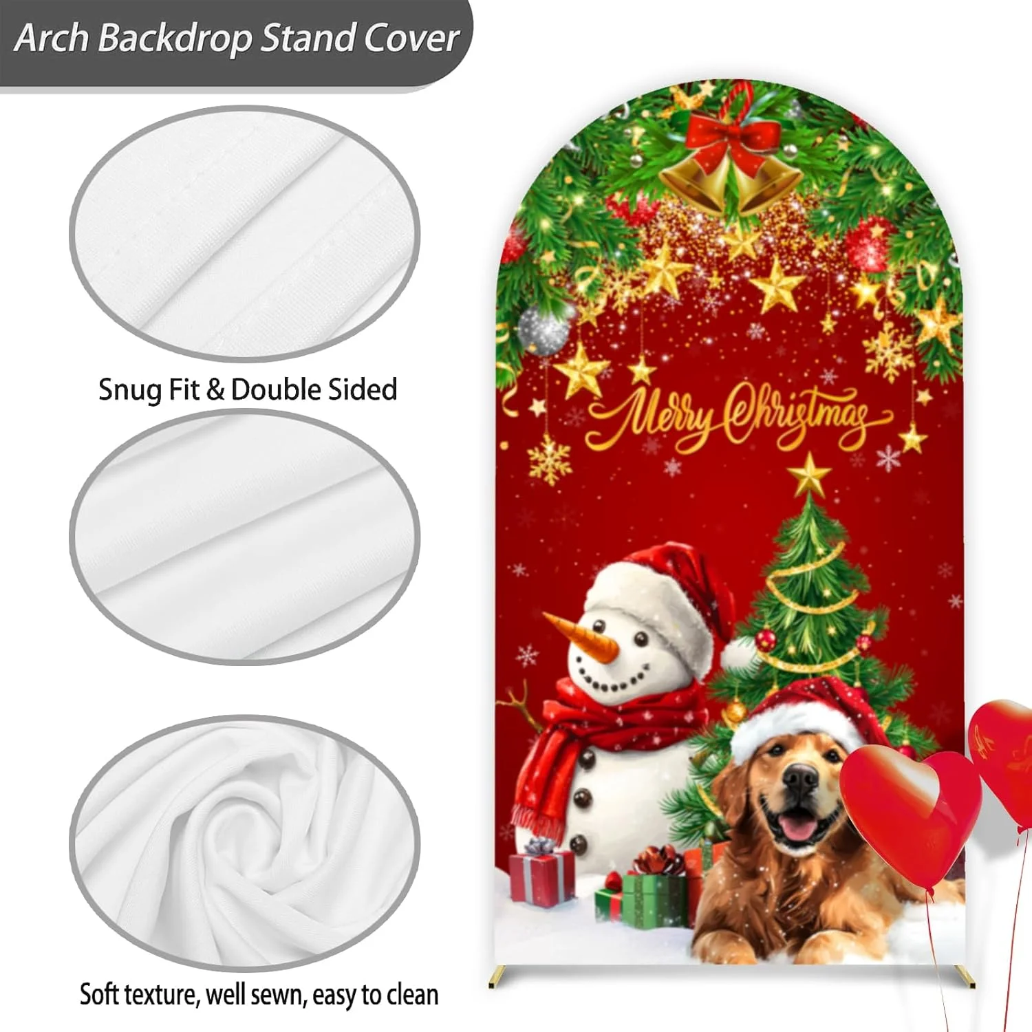Merry Christmas Arch Backdrop Stretchable Spandex Round Top Arch Cover Christmas Decor with Cute Dog Snowman & Gifts for Pet
