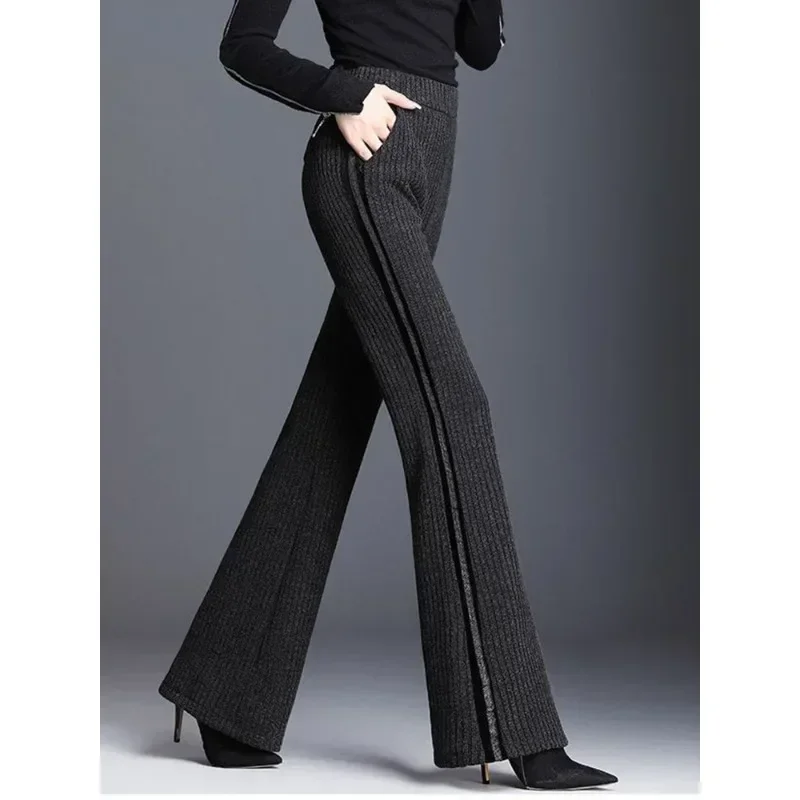 

Warm Winter Wide Leg Knitwear Pants Chic Lady Thick Elastic High Waist Pantalone Snow Wear Women Solid Spodnie New N274