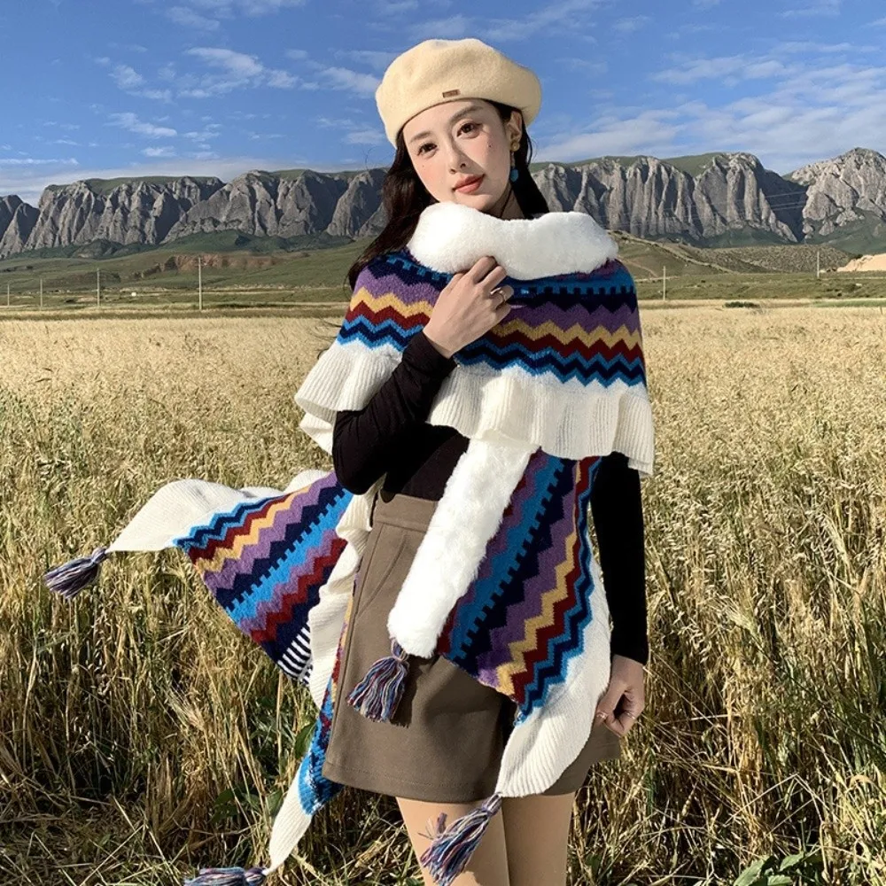 

Trendy Winter Warm Mongolian Poncho Ethnic Style Striped Flounce Knitting Wraps Flounce Coat Overlays Women Fashion