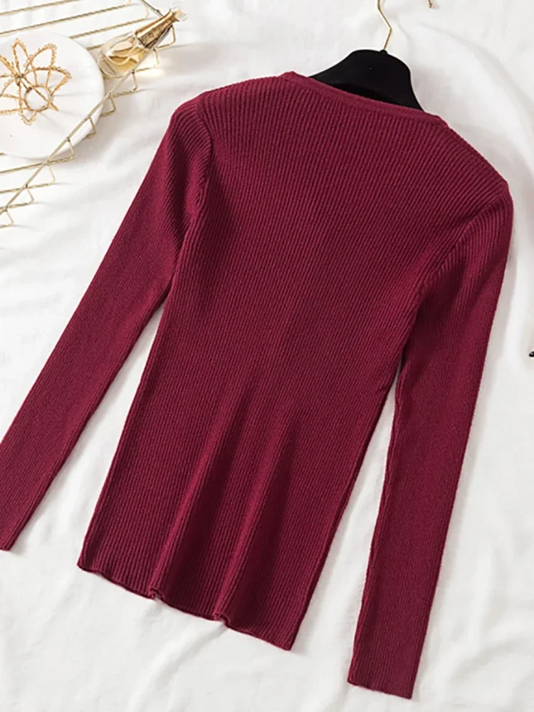 AOSSVIAO 2024 Autumn Winter Button V Neck Sweater Women Basic Slim Pullover Women Sweaters And Pullovers Knit Jumper Ladies Tops