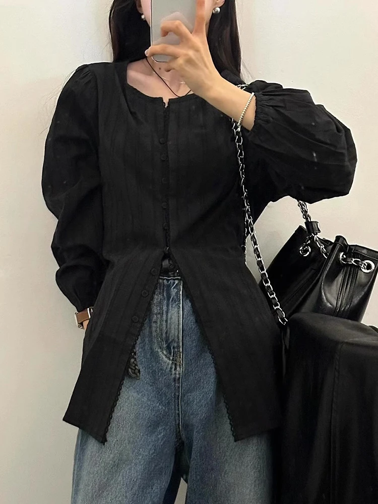 Single Breasted Woman Shirts & Blouses Korean Chic Stripe Blusas Mujer 2024 Ropa O-neck Long Sleeve Camisas Gentle Blusa