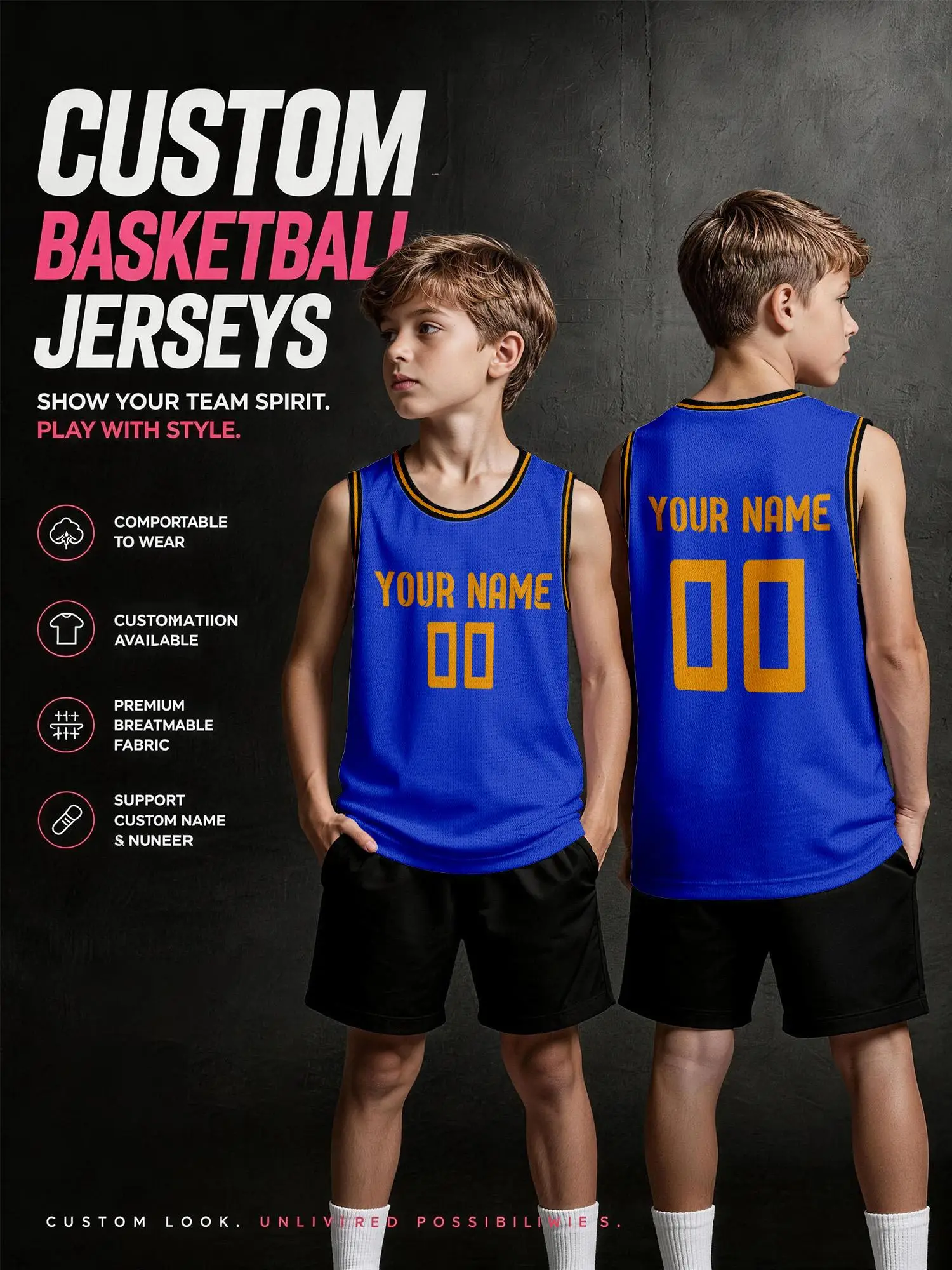 Royal‑Blue Gold Trim Custom Basketball Jersey Set, Adults Kids Name Number Print Quick‑Dry Uniform view 3