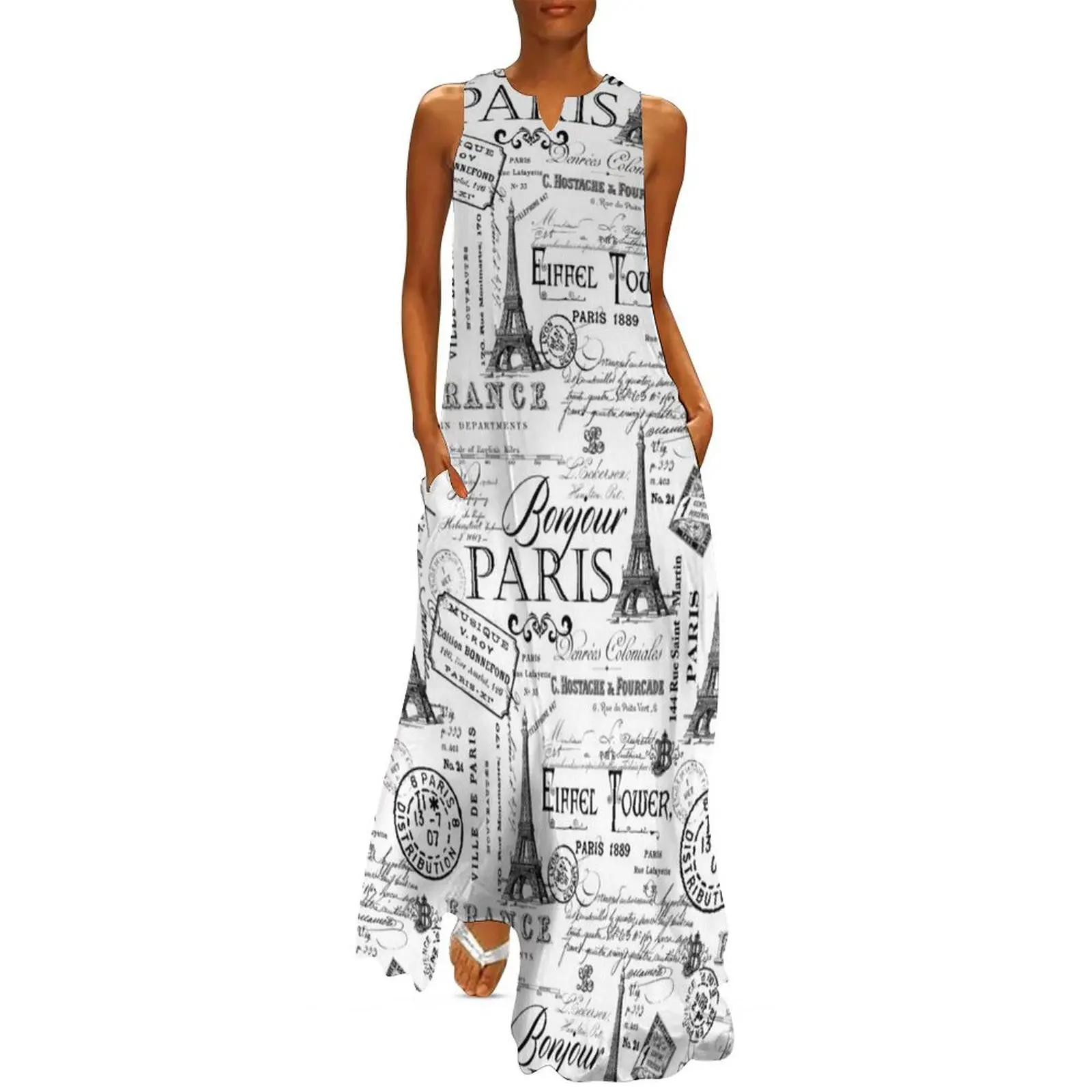 Vintage Paris Black And White Nostalgic Pattern Long Dress birthday dress for women evening dresses luxury 2024