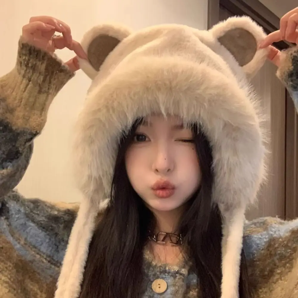 여성용 겨울 곰 봉제 모자, 야외 사이클링 귀 보호 모자, 두꺼운 따뜻한 모자, 캐주얼 양털 모자, 여성용 따뜻한 필수품