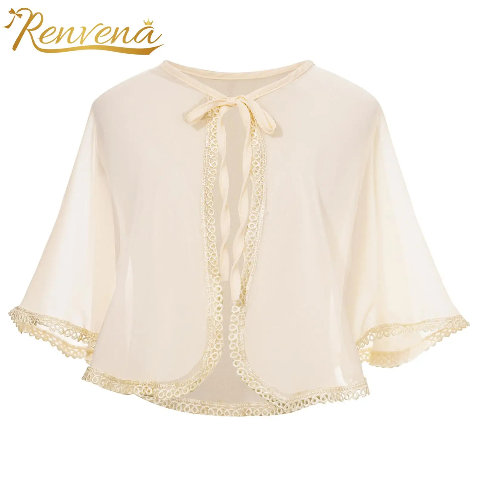 Children's Bolero Elegant Lace Trim Chiffon Cardigan Girls Sheer Lace-up Shrug Top for Birthday Wedding Party Flower Girl Shawl