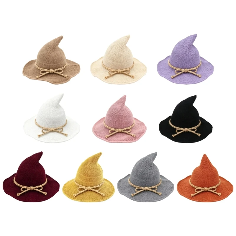 Q39C Polyester Witch Hat with Tall Pointed Top, Wide Waved and Knotted Rope Accent for Halloween Costumes and Themed Photos
