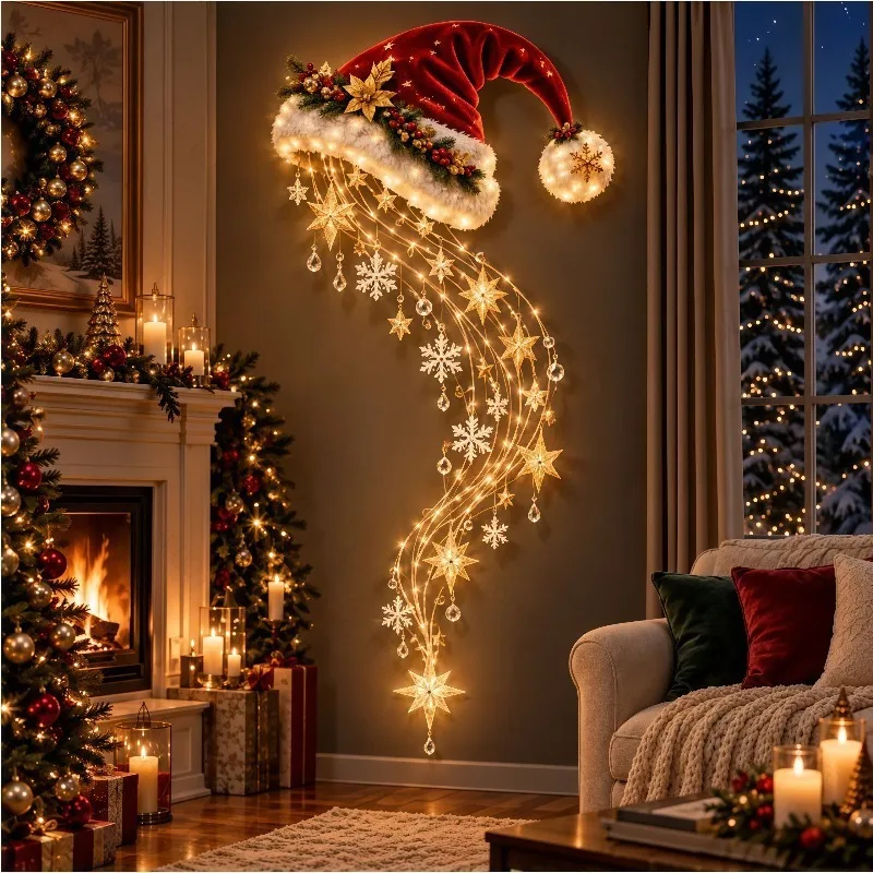 Christmas decoration, Christmas hat, Santa Claus luminous wall decoration, living room decoration, wall decoration atmosphere