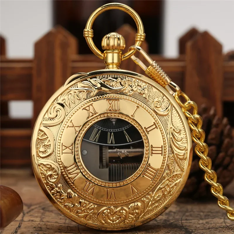 Luxury Golden Pocket Watch City Sky Song Musical Manual Quartz Watches Roman Number Case Pendant Chain Collectable Clock Gift