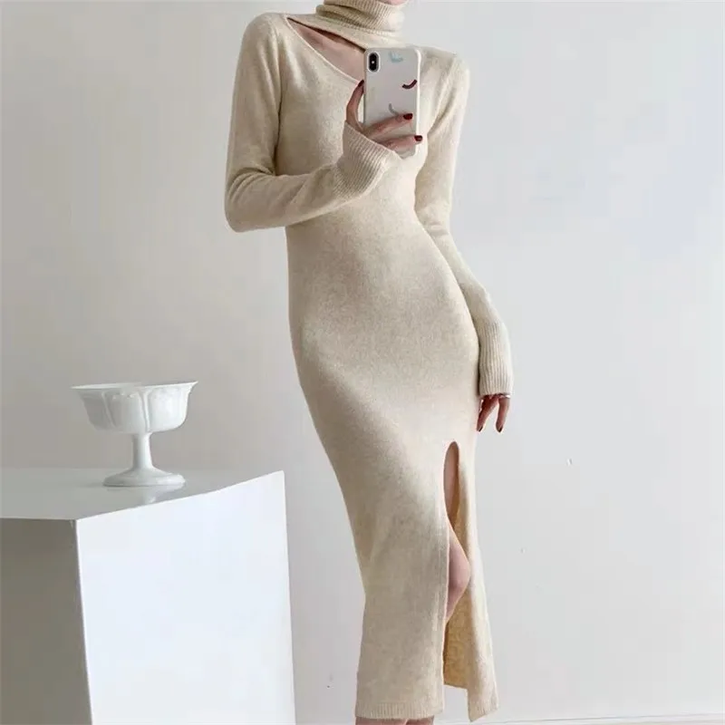 

Autumn Winter New French Style Half High Collar Hollow Design Sense Niche Base Knitted Dress Sweater Women