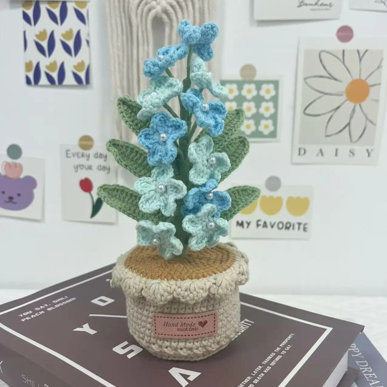 اليدوية الكروشيه زهور الصوف Myosotis Sylvatica اناء للزهور ديكور المنزل الزفاف الديكور هدية عيد