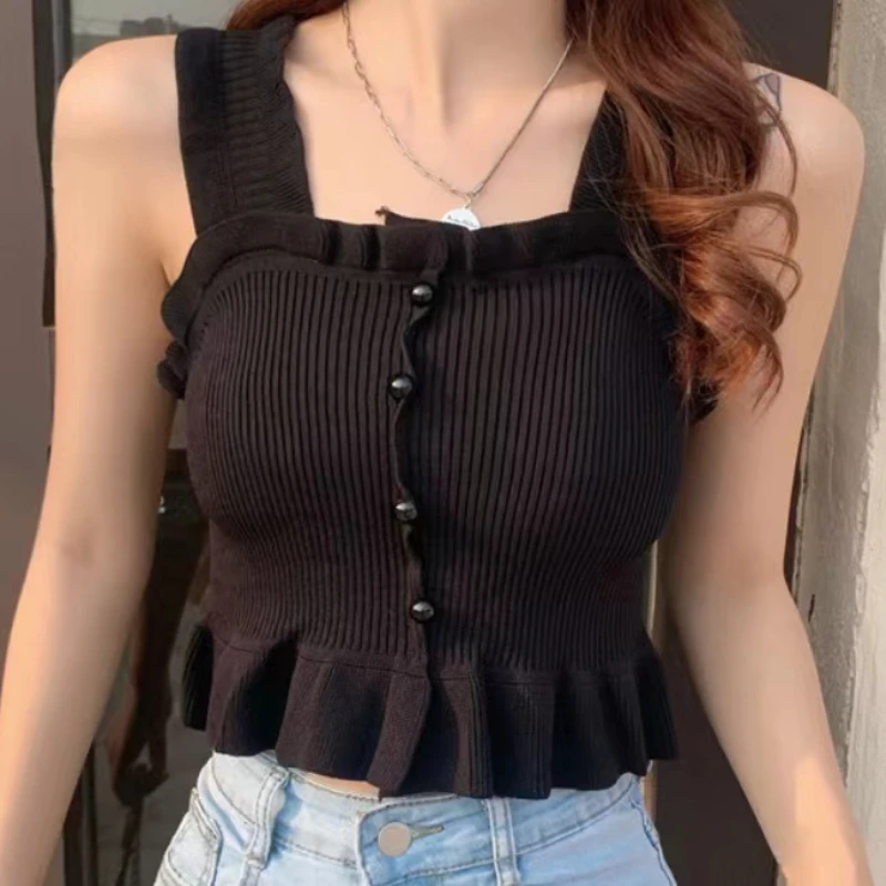 ITOOLIN Y2K Buttons Cute Women Cropped T-shirt New Streetwear Stripe Sexy Summer OFF White Ruffles Sleeveless Tops 2023