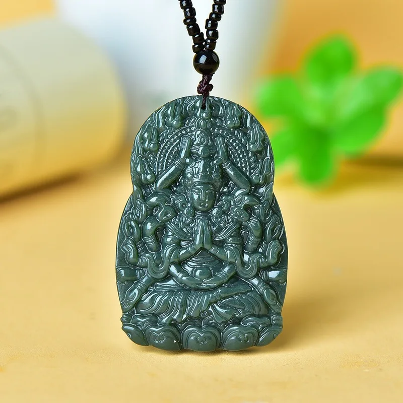 Natural Hotan Thousand-Armed Avalokiteshvara , Dark Green Jade Pendant Men And Women