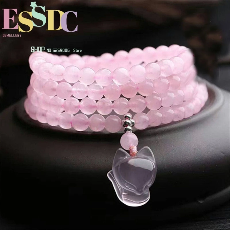 Natural Mozambique Fox Pendant 6mm  Pink Crystal Multi Circle Bracelet Female's Lucky Beaded Hand String Wholesale