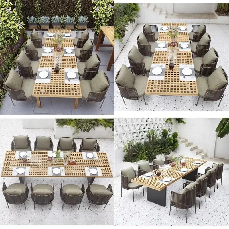 Modern Luxury Outdoor Dining Set with 8 Comfortable Rattan Chairs and Hotel Style Table for Patio Restaurant Garden Party
