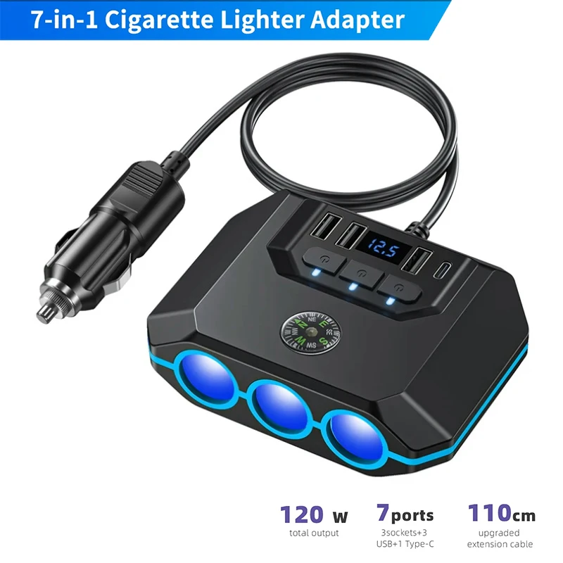 12-24V Car Cigarette Lighter Splitter Adapter 120W Auto 3 USB PD Power Socket With ON/OFF LED Voltage with Compass Car Charger