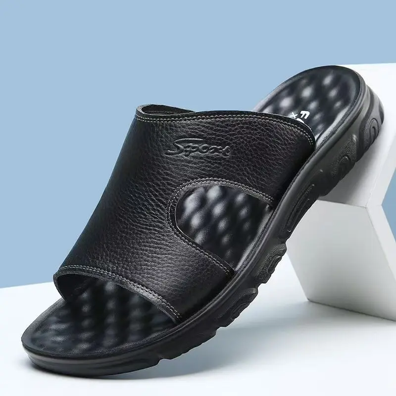 

Мужские летние новые тапочки из натуральной кожи с одним словом, нескользящие легкие дышащие уличные пляжные тапочки на мягкой подошве, сандалии