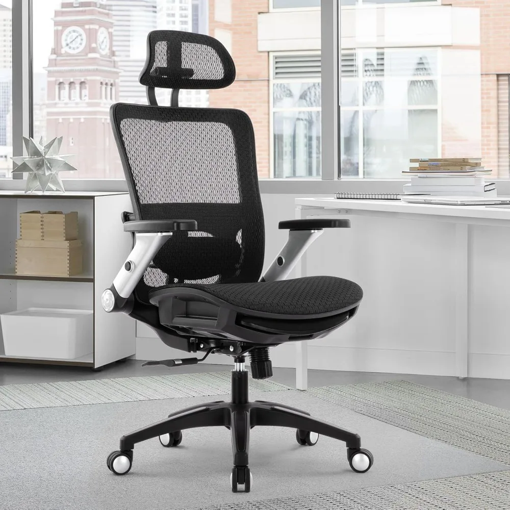 

ergonomic mesh office chair with flip-up armrests, adjustable lumbar support, and footrest for high back home desk