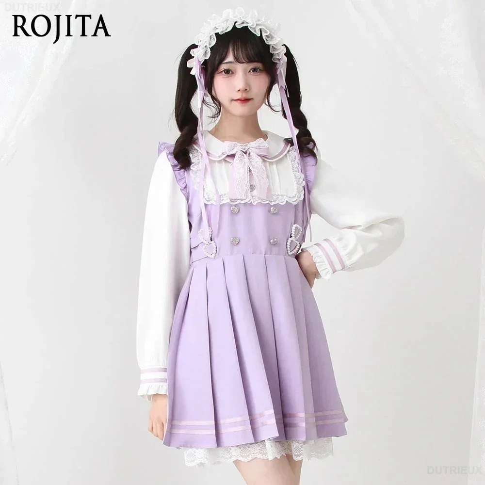 

Cute Doll Collar Long-sleeved Dress Women Heavy Industry Lace Splicing Bow High Waist Pleated College Style Short Dresses