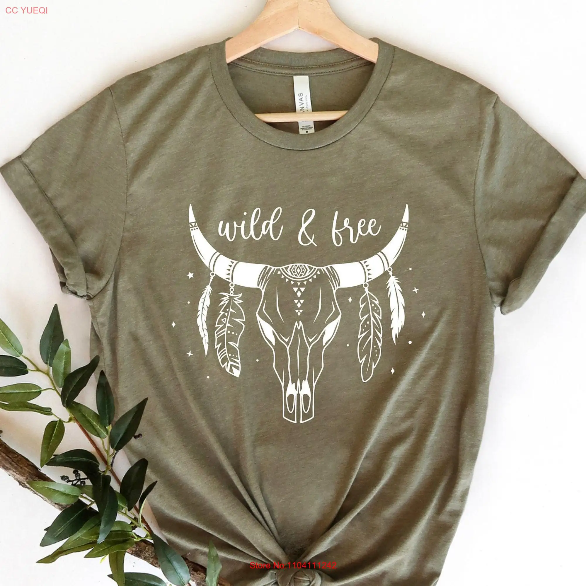 Wild And Free Cow Skull T Shirt Arizona Cowboy Western Bull Head Hippie Feather Horn Texas long or short sleeves