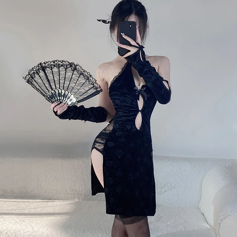 Black High Slit Cheongsam Women Sexy Sleeveless Nightgown Chinese Style Sexy Dress Cosplay Sexy​ ​Lingеry Bodysuit