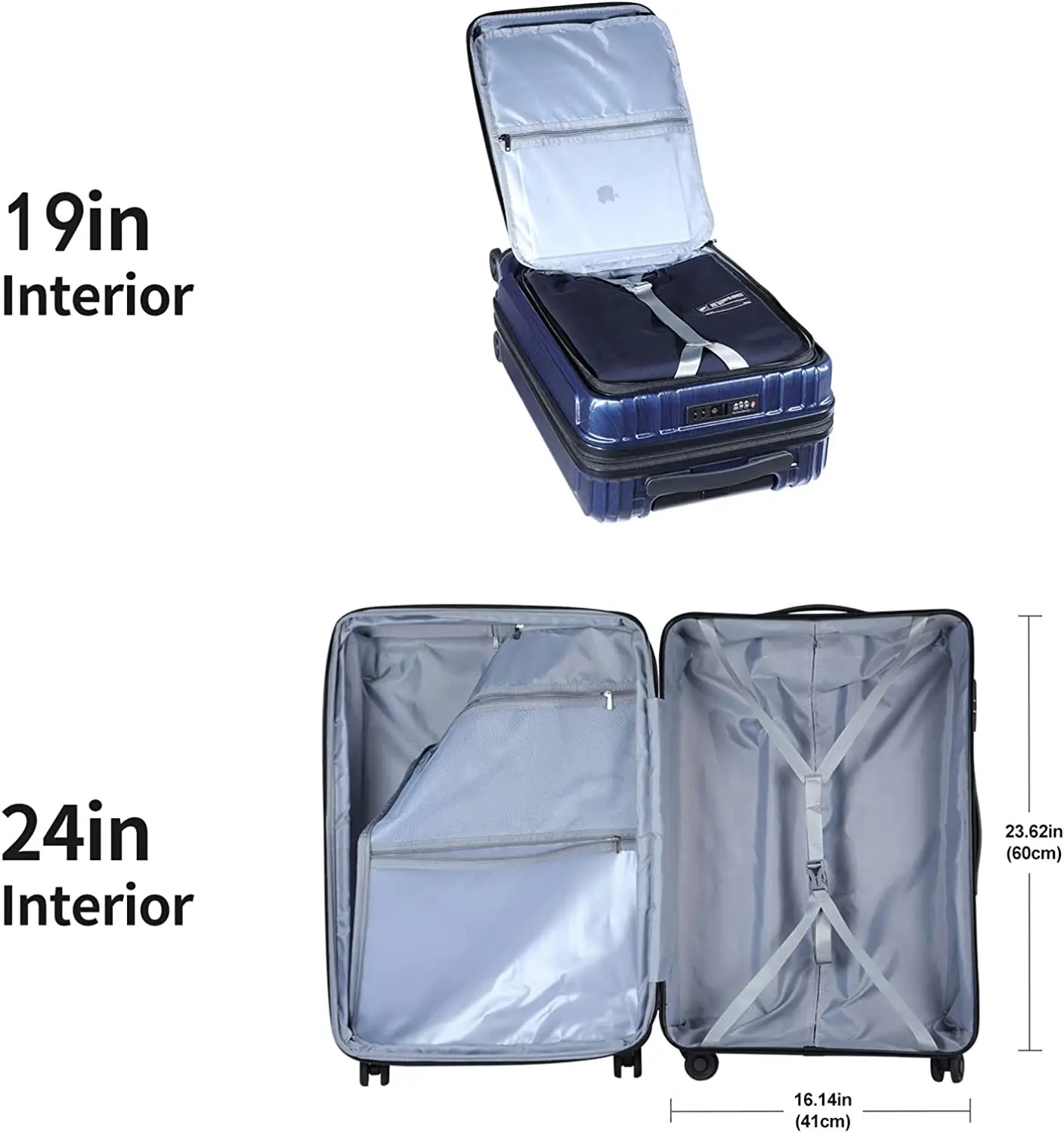 Ensemble de bagages avec poche avant pour ordinateur portable, roues élaborées légères, extensible, ABS et PC, serrure TSA, fermeture éclair YKK, bleu, 20/24, 2 pièces