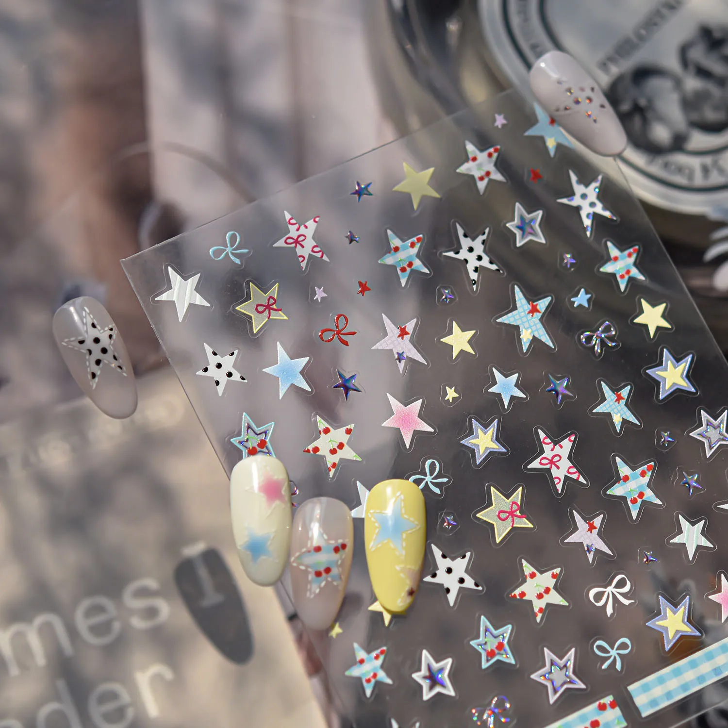 Pegatinas 5D de estrellas coloridas para decoración de uñas, línea de lunares negros en relieve, Mini pegatinas adhesivas de cereza para uñas, suministro deslizante para manicura