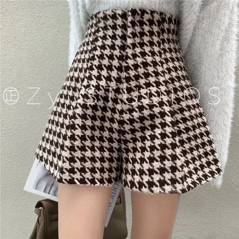 

Шорты с узором «гусиные лапки», шерстяные тонкие повседневные женские корейские широкие брюки с высокой талией, осенне-зимний стиль на молнии