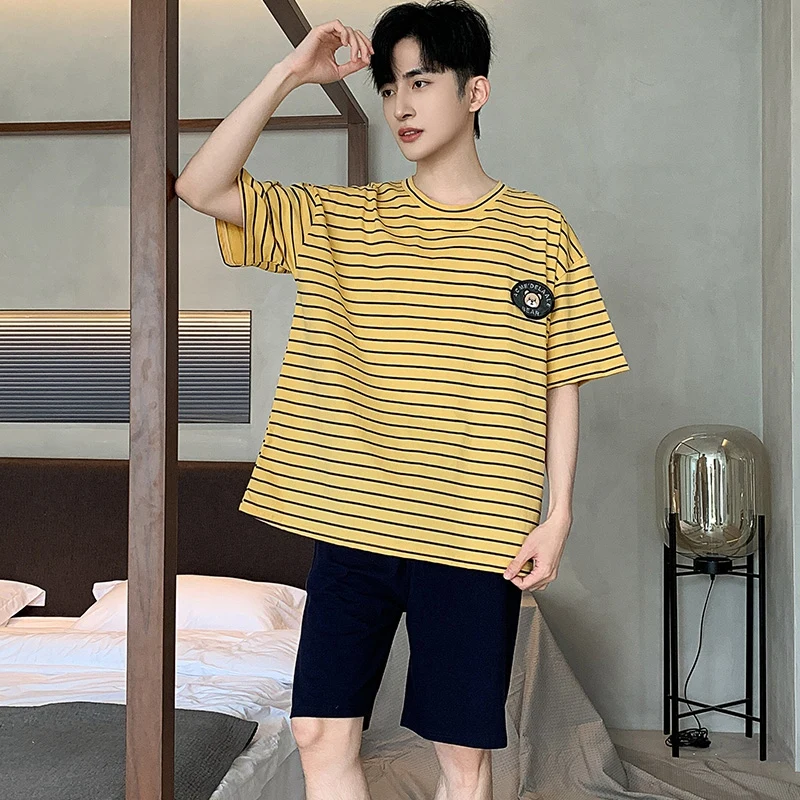 2024 Summer 100% Cotton Short Sleeve Casual Striped Pajama Sets for Men Korean Loose Sleepwear Pyjama Male Homewear Home Clothes