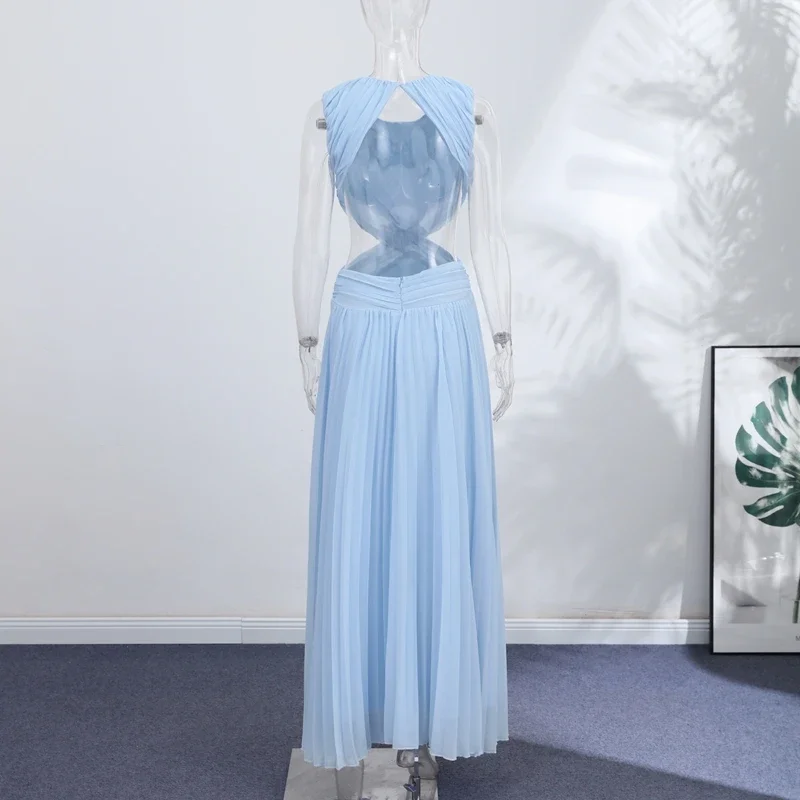 Elegantes plissiertes Damen-Maxikleid mit hohlem Rückenausschnitt, ärmellos, O-Ausschnitt, für Party und Urlaub, A-Linien-Kleider für Damen, Sommer 2026 Roben – Detail 2
