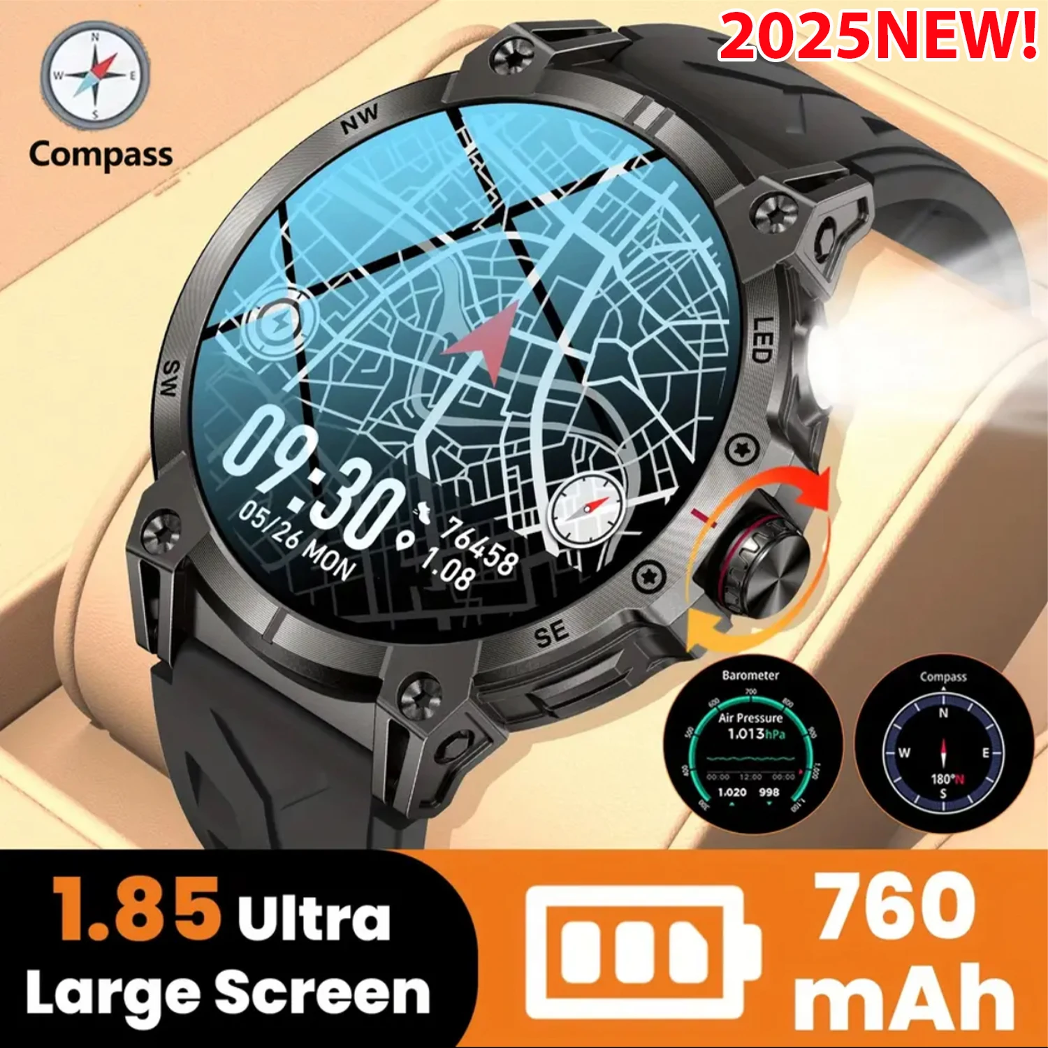

2025 New Military Smart Watch Men Large Battery LED Flashlight Compass 1.8"HD Screen Heart rate Waterproof BT Call Smartwatch