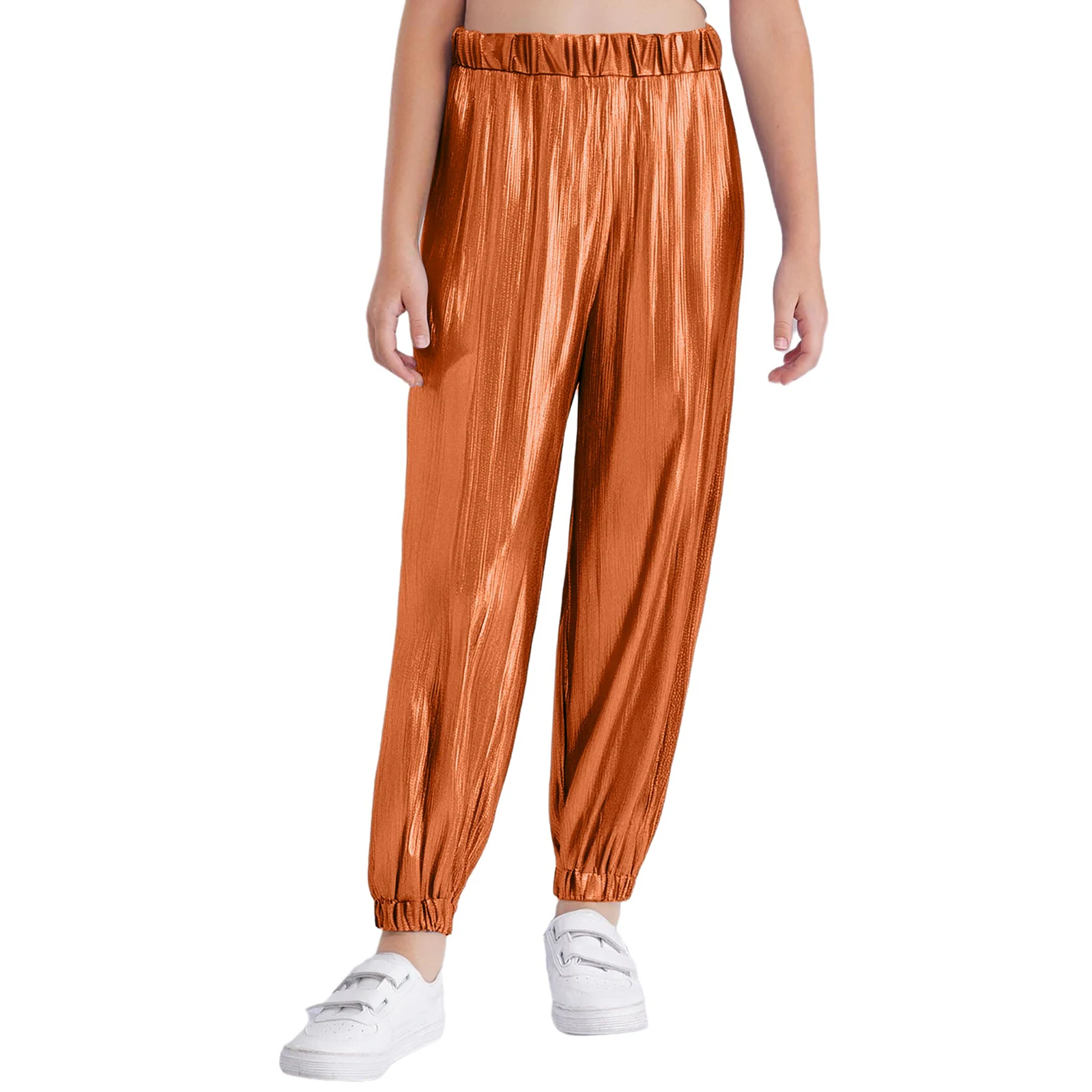 

Street Hip-Hop Jazz Dance Pants for Kids Girls Stage Performance Casual Costume Elastic Waistband Metallic Shiny Ribbed Design