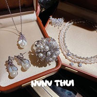 Women Bubble Sugar Cube Australian White Pearl Necklace and Pearl Flower Ball Ring Set