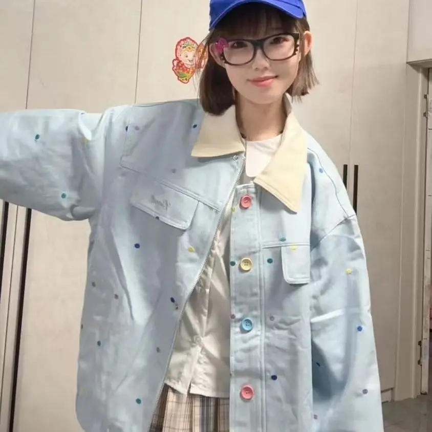 

Куртки женские модные женские полупальто джинсовые из стираного хлопка синие повседневные консервативные студенческие базовые пуговицы короткие простые чистые спереди