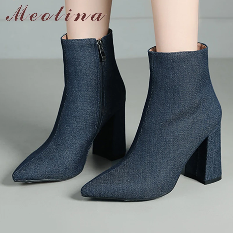 

Meotina Women Ankle Boots Pointed Toe Chunky High Heels Zipper Denim Short Boots Ladies Fashion Autumn Winter Shoes Dark Blue 43